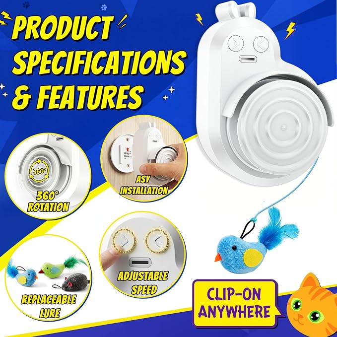 Interactive Cat Toys for Indoor Cats - Automatic Flying Bird for Enrichment | Catpick toy Hanging Feather & Mouse Wand Toy for Exercise & Self-play, Ideal for Bored Kitten&Adult Cat, Rechargeable, White