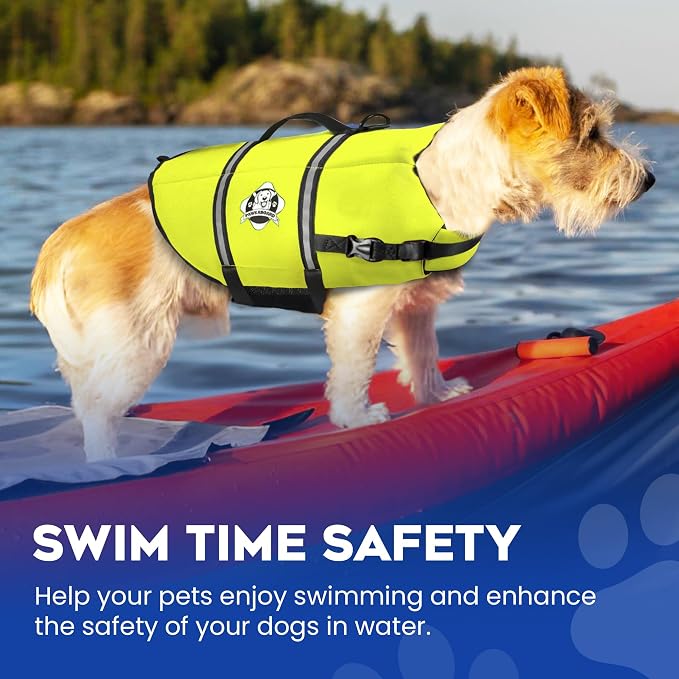 Dog Life Jacket - Swimming Vest for Dogs, Adjustable, Reflective, Comfortable, Multiple Colors, Patterns, XX-Small to Extra Large Dog Swim Vest with Handle (Neon Yellow, Medium)