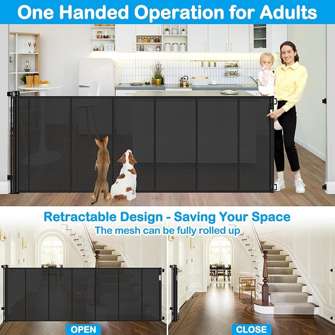 Reinforced 42" Extra Tall X 159" Extra Wide Retractable Pet Gate for Dogs Stop Babies and Pets from Drilling Through Outdoor Retractable Baby Gates Extra Tall Retractable Dog Gate Extra Wide Baby Gate