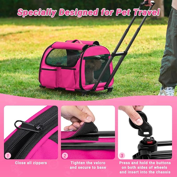 Large Pet Carrier with Wheels, Foldable Rolling Dog Carrier with Big Pocket, Cat Rolling Bag 21"x13"x13" for 2 Cats &Dogs, for Travel, Outdoor, Vet Visits, Camping, Indoor.Pink. (Not for Airline)