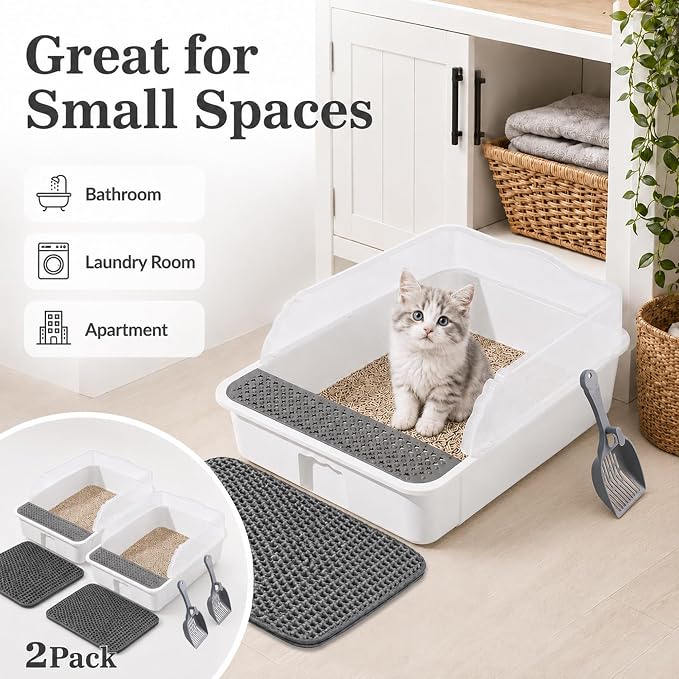 2 Pack Small Cat Litter Box with Mat & Scoop, Open Top High Sides | 2 Pack Small Cat Litter Boxes with Mat & Scoop, Open Top High Sides Low Entry, Easy Clean for Kittens & Small Cats