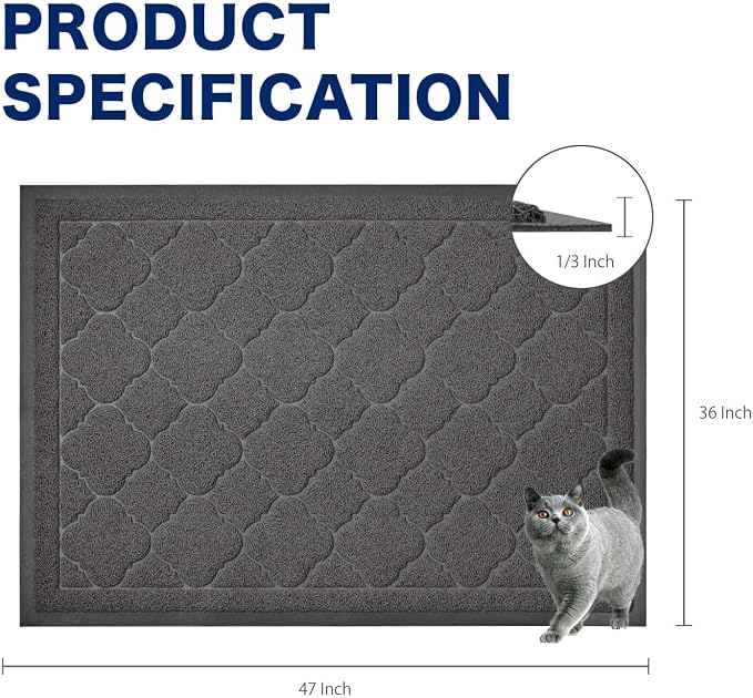 Cat Litter Box Mat, Kitty Premium PVC Pad, Durable Trapping Rug, Phthalate Free, Urine-Resistant, Scatter Control, XXL 47 x 36 Inch, Black