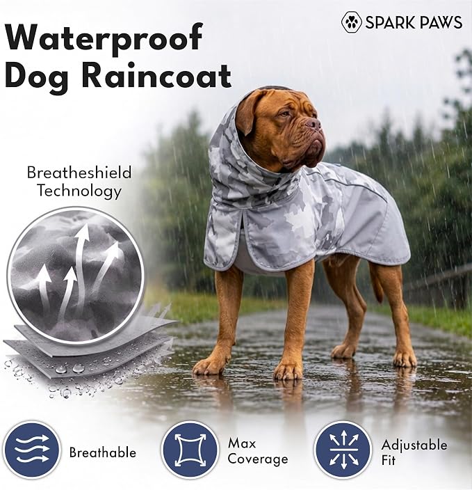 Spark Paws Dog Raincoat, Waterproof Windproof Rain Jacket, for Small Medium Large Extra Large Dogs, Reflective Breathable Full-Body Coverage Dry Suit - Camo Grey - 2XL