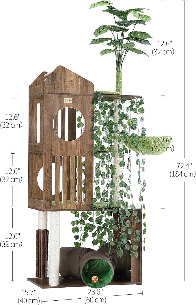 FourFurPets Large Cat Tree with Leaves, 72.8-Inch Cat Tower for Indoor Cats, Modern Cat Tree with Scratching Post, Large Perch, Tunnels, Swing Ball, Self Groomer, Greige