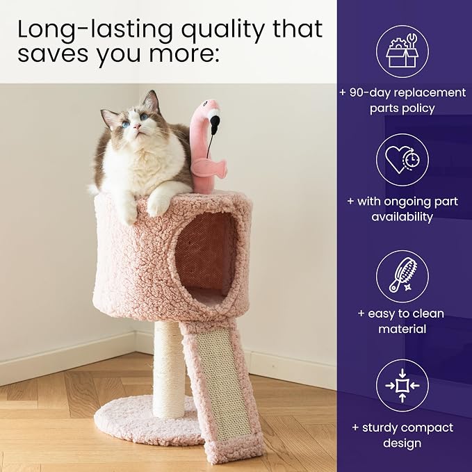 Catry 2-Level Small Cat Tree with Condo, Sisal Scratching Ramp & Post | Cute Pink Flamingo-themed Cat Tree with a Cozy Condo, Replaceable Sisal Scratching Posts, Sisal Ramp, and a Built-in Toy