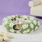 Lesure Donut Cute Jacquard Large Cat Tunnel Bed Kitten Toys for Dog Bunny | 39.5x39.5x10in,Round Large Cat Bed Tube for Multi Kittens,Pet Peekaboo Cave Toy,Spiral Hideaway,Washable Cushion,Green