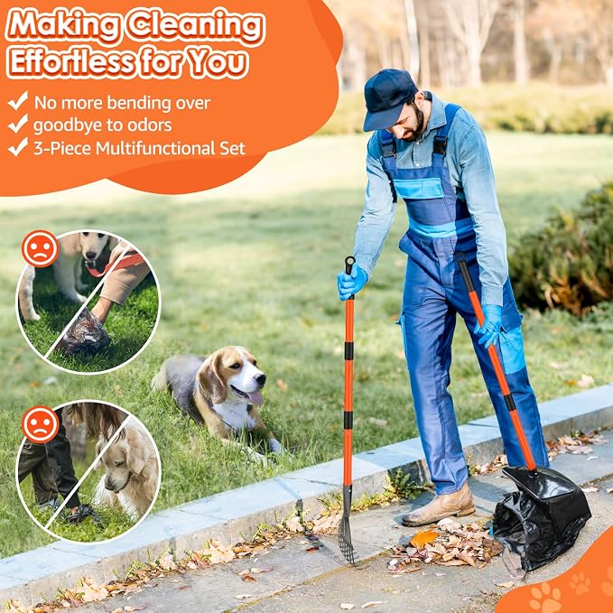 SlowTon Dog Pooper Scooper - 37.4" Long Metal Handle Adjustable Rake & Spade & Swivel Bin with 20 Waste Bags, Portable Pooper Scooper for Gravel Lawn Grass, Suit for Small Medium Large Dog | Adjustable, Portable, Non Breakable, with 20 Waste Bags, Swiv...