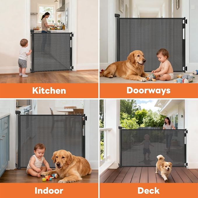 (2 Pack) Retractable Baby Gate for Stairs and Doorways, 55" Wide x 33" Tall Mesh Dog Gate for Indoor & Outdoor Use, Safety Gate for Babies and Pets, Child Gates for Hallways, Hardware Mounted, Black
