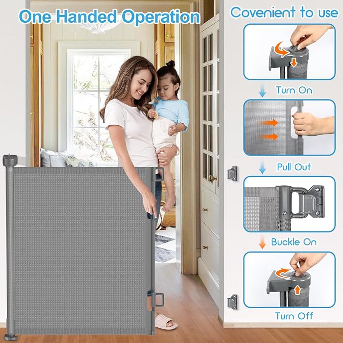 EZIGO 55 Inch Retractable Baby Gates Extra Wide Baby Dog Gate for Stairs | 34 Inch Tall Retractable Dog Gate, One-Hand Operation Mesh Safety Pet Gate for Deck, Porch, Doorways Indoor Outdoor, Gray
