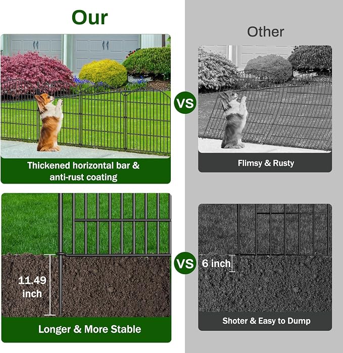 10 Panel No Dig Decorative Garden Fence with Gate 24" H x 20'L Dog Barrier | Rustproof welded steel with lock gate, deep stakes for yards, patios. Modular design contains pets, rabbits, small animals.