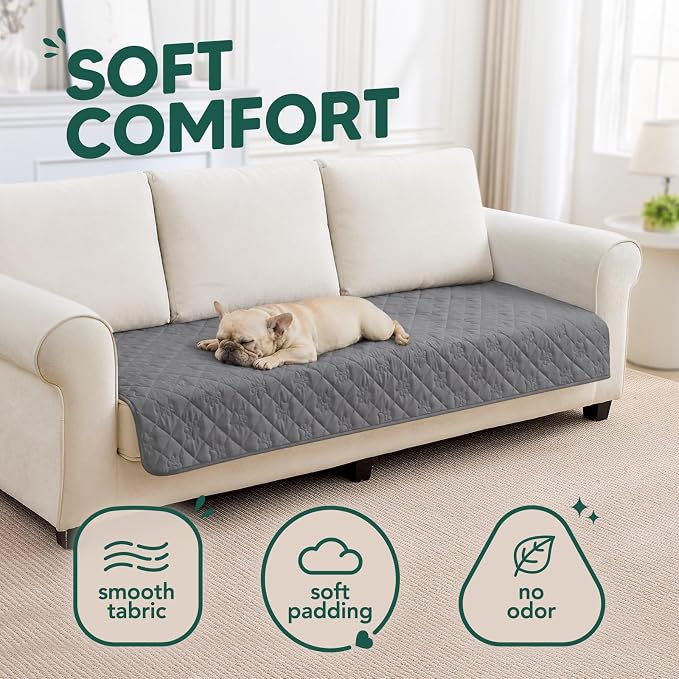 PAWFINITY Waterproof Couch Covers for Dogs, Pet Blanket for Sofa Washable | Paw Print Quilted, Hair Resistant, Anti Cat Scratch, Pee Proof Furniture Protector for 3 Seat Sofa and Bed, 30x80 Inch, Grey