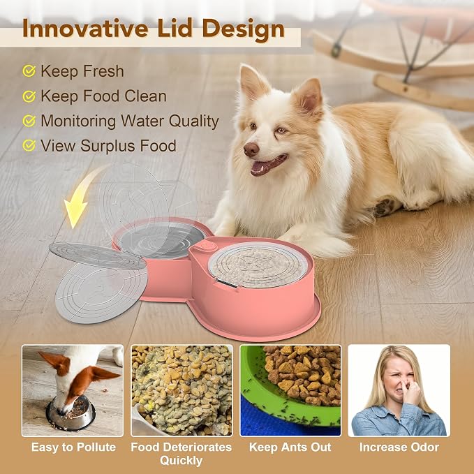 Newget 304 Stainless Steel Dog Bowl Set with Lids, 24oz Foldable Pet Dishes | Dual Food & Water Pet Bowl, Anti-Skid, Keeps Food Fresh, Easy to Install, for Small - Large Dogs/Cats - Indoor & Outdoor Use