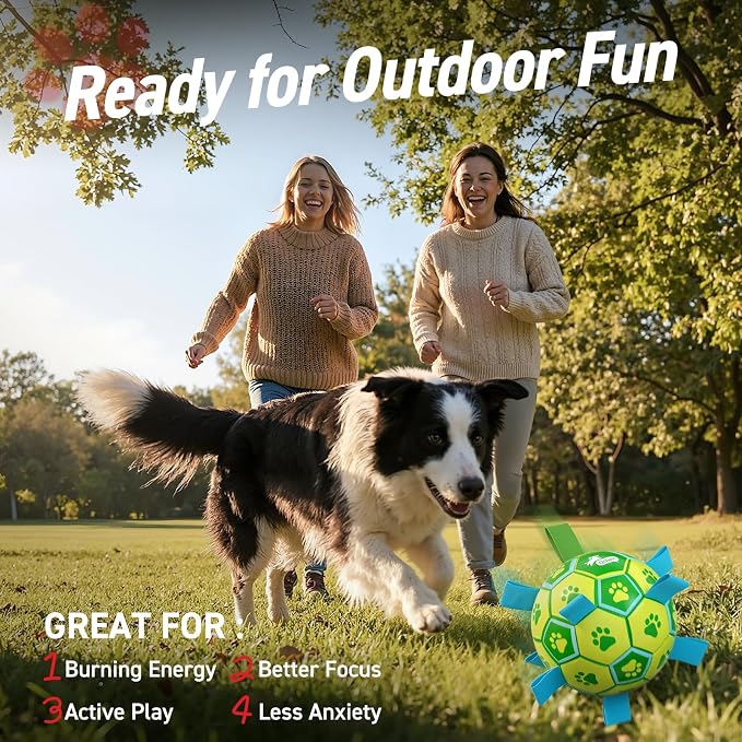 QDAN Dog Toys Soccer Ball, Durable Dog Balls with Strap for 30-90 lbs Dogs | 8 Inch Soccer Toy with Tabs, Training Herding Balls for Outdoor, Dog Tug Toy for Tug of War, Puppy Birthday Gifts, Green