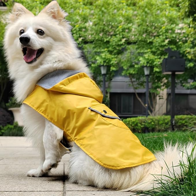 Dog Raincoat Dogs Rain Jacket Reflective Waterproof Pet Clothes Lined Poncho Rainwear Pocket Hooded Leash Hole Adjustable for Small Medium Dogs Puppy,Yellow,XL,Back Length 14.9 Inch