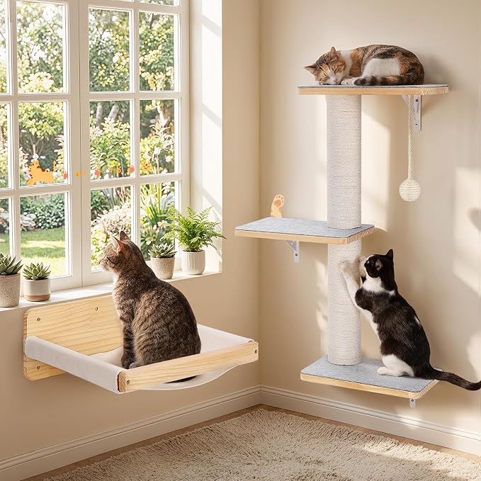 Wall Mounted Cat Shelves Set with Hammock | Sisal Scratching Posts, 3 Wooden Steps, Space-Saving Cat Tree, For Indoor Cats Up to 30 lbs