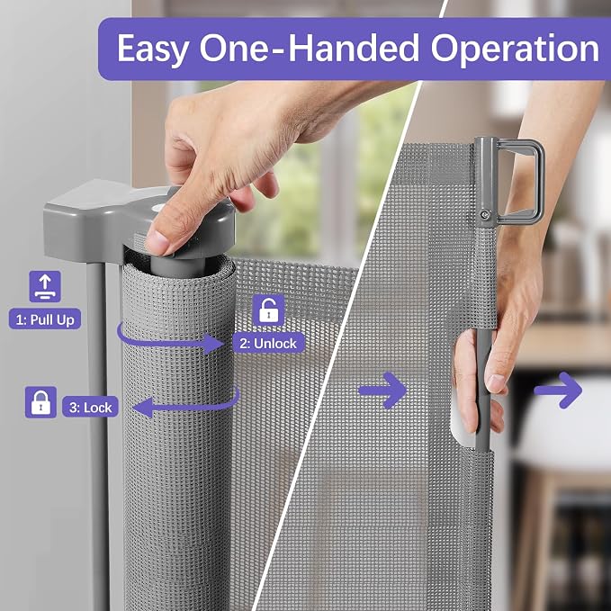 Reinforced 42" Tall Pet Gate x 96" Long Baby Gate, Prevents Crawling Under | Indoor/Outdoor Tall Retractable Gate, Space-Saving, One-Hand Operation Safety Lock, Scratch-Resistant Mesh, Easy Install/Gray