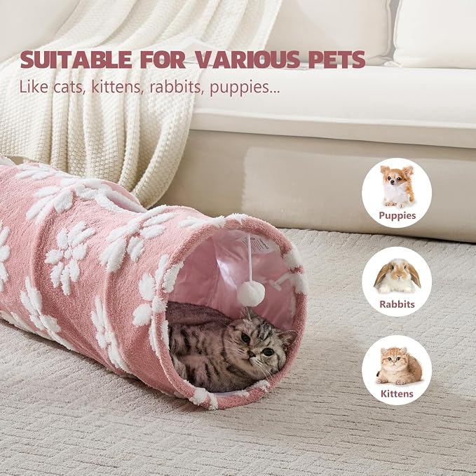Straight Cat Tunnel for Indoor Cats 47"x12", Pink Flower | Cute Cat Toys, Collapsible Tunnel Tube with Hanging Balls for Puppy Kitten Rabbit