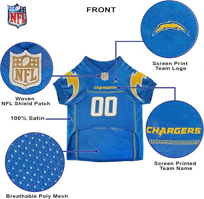 Pets First NFL Los Angeles Chargers Dog Jersey, Size Large, Football Shirt Costume for Pet, Dog Sports T-Shirt, NFL Team Clothing for Cats, Licensed Pet Apparel Available in 7 Sizes and 32 Teams