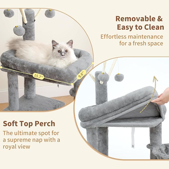 Heybly Cat Tree, 45.3" Cat Tower for Indoor Cats with Large Perch HCT202SW | All-in-One Cat Furniture with Cozy Bed, Hidden Space Cat Condo, Comfy Hammock, Scratching Posts & 3 Pompoms, Light Gray