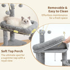 Heybly Cat Tree, 45.3" Cat Tower for Indoor Cats with Large Perch HCT202SW | All-in-One Cat Furniture with Cozy Bed, Hidden Space Cat Condo, Comfy Hammock, Scratching Posts & 3 Pompoms, Light Gray