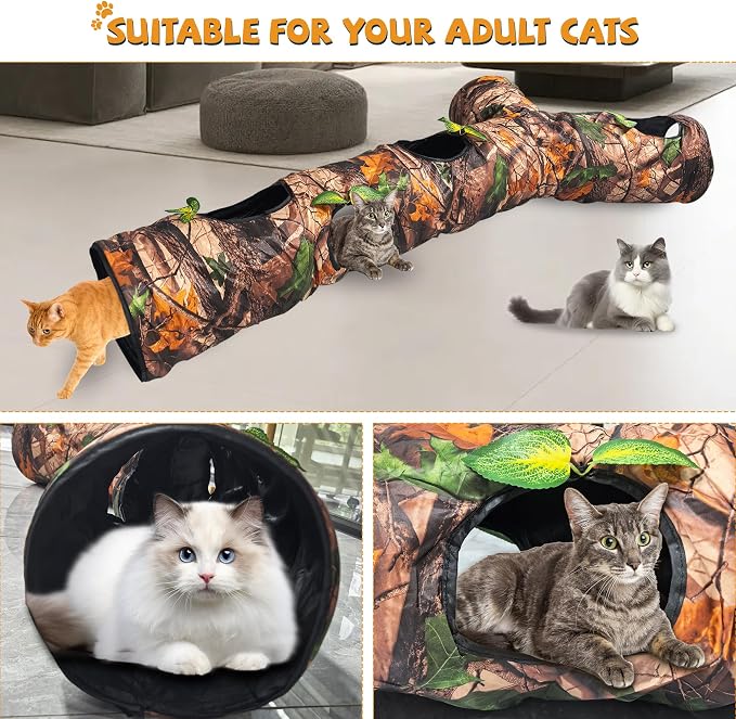 Cat Tunnels for Indoor Cats Large, 3 Way Cat Tunnel with 5 Holes and Leaves, Cat Tunnel Toy with Loud Paper - Pop Up Collapsible - Connect More Tunnels for Large Cat, Puppy, Kitten