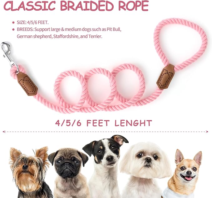 Mile High Life Dog Leash Braided Cotton Rope with Leather-Reinforced Ends | Rust-proof 360° swivel clasp, Heavy-duty for medium/large breeds. Great for weddings, daily walks (5 FT, 1/2", Pink)