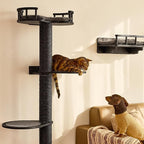 FUKUMARU Cat Wall Shelves, 4 in 1 Set, Black | Stable Wooden Wall-Mounted Furniture Set, Climbing Tree with Hammock, Bed, Perch and Scratching Mat