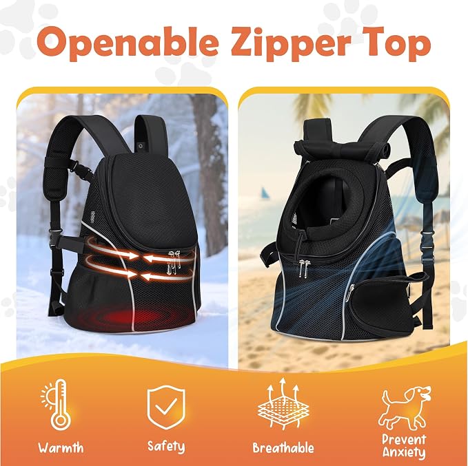 WOYYHO Pet Dog Carrier Backpack with Windows, Ventilated Small Dog Backpack | Breathable Top & Side Windows, Safety Belt, Storage Pockets, Small Dog Front Backpack, for Travel Hiking Outdoor, Black2.0, M
