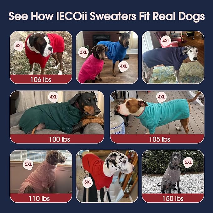 IECOii Extra Large Dog Sweater 4XL,Thermal Warm Dog Sweaters for Giant Breed Dogs,Turtleneck Knitted Knitwear for Pet Winter,Stretchy&Easy On Doggy Sweatshirt for Doberman,Great Dane(Light Grey,XXXXL)