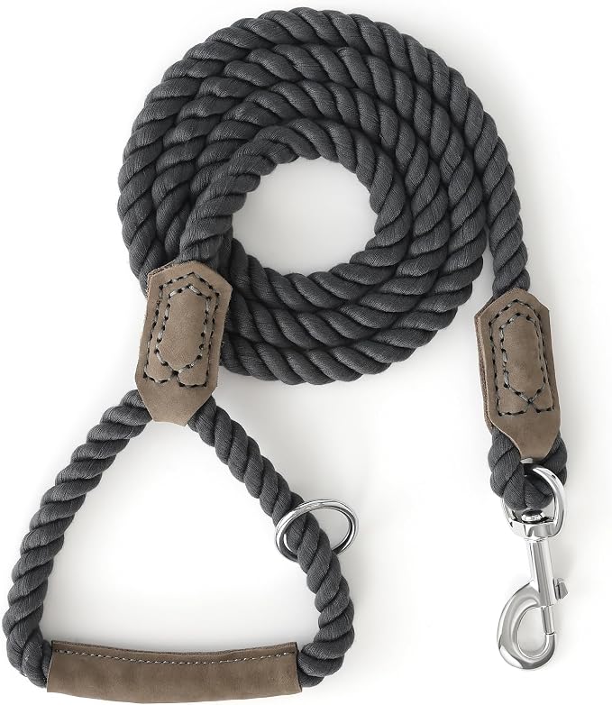 Mile High Life Dog Leash Braided Cotton Rope w/Leather-Wrapped Ends/Handle | Rust-proof 360° swivel clasp, Heavy-duty for medium/large dogs. Great for weddings, daily walks (6 FT, 1/2", Dark Gary)