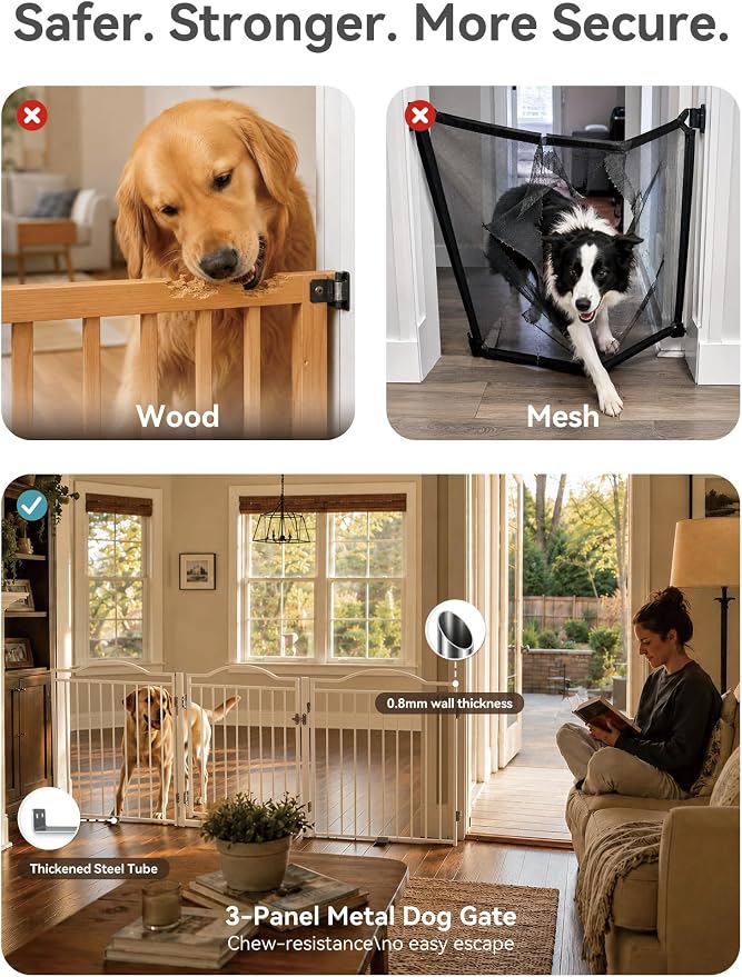 No Pawblems Full Metal Free Standing Dog Gate with Door, 30'' Tall | Foldable Freestanding Pet Gate for Indoor & Outdoor, Up to 78 Inch Extra Wide Dog Fence for Doorways, Stairs, Deck - White