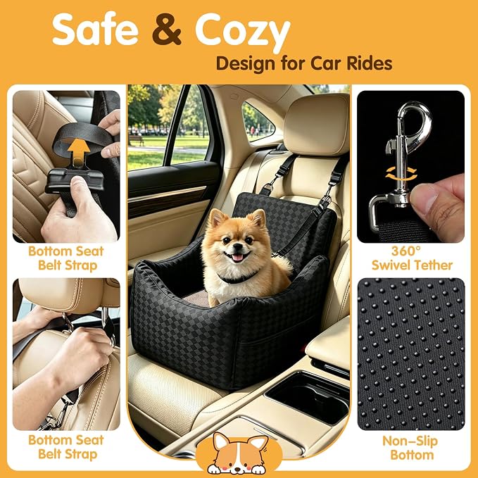Topmart Dog Car Seat for Small Medium Dogs Under 35lbs, Cozy Pet Seat | Foam Safety Dog Booster Seat for Back Seat, Pet Bed for Car with Safety Tether, Storage Pockets, Machine Washable Cover Black
