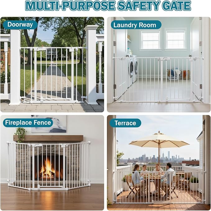 Mumeasy 80" Extra Wide Baby Gate for Doorways & Stairs, Dog Gate Indoor | Hardware Mounted Pet Gate, Auto Close Walk Thru Door, Large Child Safety Fence for Outdoor, Deck, Yard, 3 Metal Panels, White