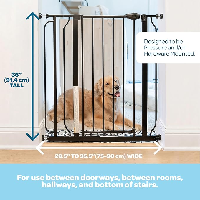 Carlson 36" Extra Tall Walk Through Dog Gate for Doorways & Bottom of Stairs, Metal Pet Gate with Small Pet Door, Expands 29.5”–36.5”, Black