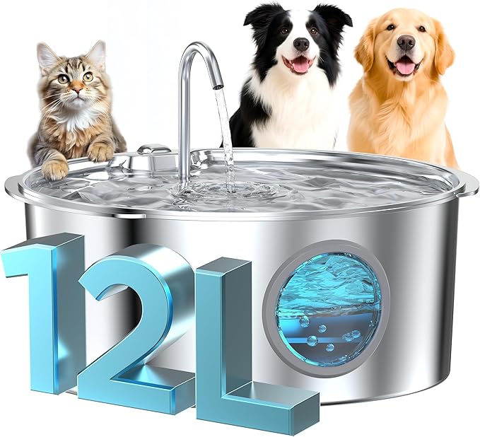 Dog Water Fountain for Large Dogs: Stainless Steel Dog Fountain Water Bowl - 3.2Gal/406oz/12L Super Quiet Big Cat Water Fountain with Visual Water Level -Great for Large Dogs Cats and Multi-Pet Home