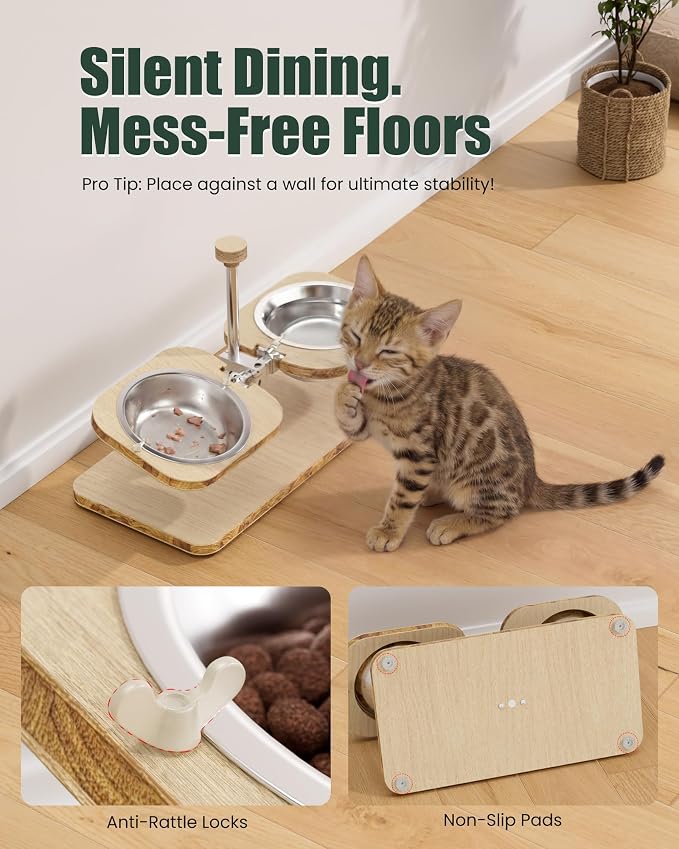 Elevated Cat Bowls with Wood Stand Adjustable Tilt (2 Cups/Bowl) | FSC Certified E0 Grade Frame,Whisker Fatigue Comfort,Dishwasher Safe Stainless Inserts,Non-slip Pads