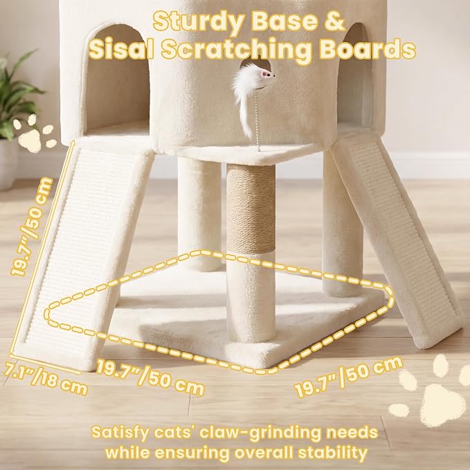 Cat Tree, 73-Inch Sturdy Corner Cat Tower for Large Cat VCT021MJ | Cat Furniture with Wide Top Perch, 2 Spacious Condos, 2 Cozy Baskets, 2 Scratching Boards & Interactive Toy, Beige