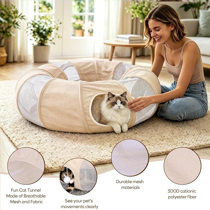 Ownpets Collapsible Cat Tunnel Toy - 2-in-1 Interactive Play Tunnel for Cat up to 18 lbs, Tear-Resistant Mesh, Fold to 2 Inches Thick, Portable Cat Exercise & Entertainment Tunnel, 12" Diameter, Khaki