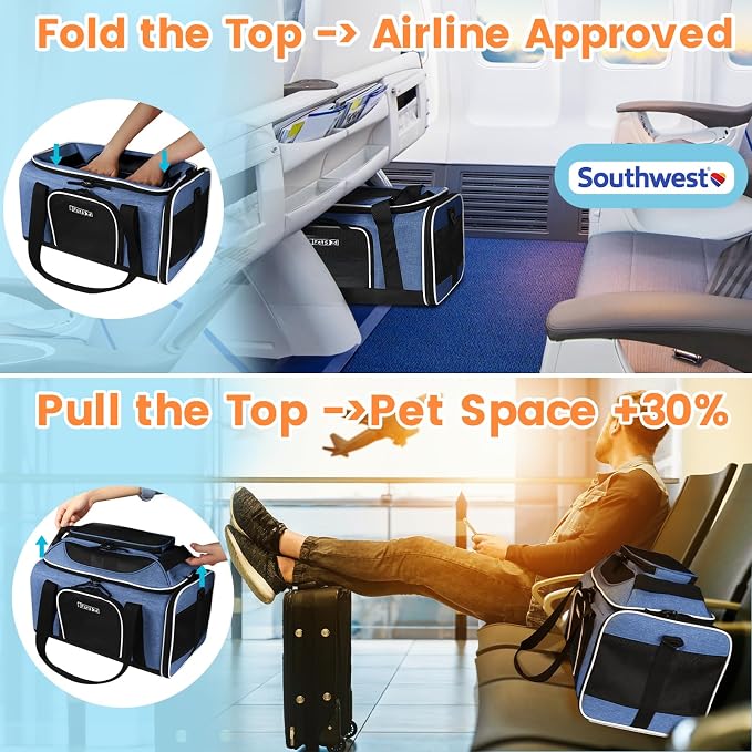 Petskd Top-Expandable Small Pet Carrier 18"x13"x9.5" Airline Approved | for Southwest Airlines, Lockable Safety Zippers and Anti-Scratch Mesh, Soft-Sided, Pets Under 10 Lbs, Blue