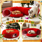 Thyle Christmas Cat Tunnel Bed Under Christmas Tree for Indoor Cats Xmas Pet Donut Tunnel with Cushion Foldable Round Pet Toy for Small Animals Kitten(3ft X 3ft X 9.8in,Red,Plush)