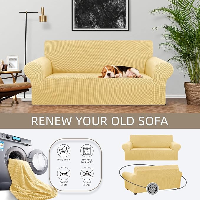 Stretch Loveseat Couch Cover, 2 Cushion Couch Slipcover,Champagne | 1-Piece Washable Sofa Cover Pet Friendly (55"-78") Furniture Protector Soft Jacquard, Elastic Bottom for Dogs & Kids