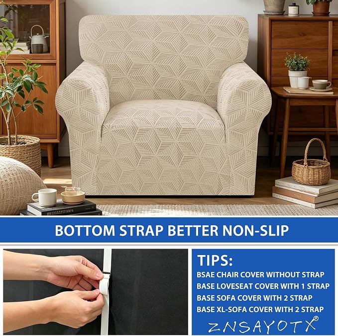 ZNSAYOTX Stretch Chair Cover, 1 Piece Couch Covers for 1 Seat Sofa, Jacquard Armchair Slipcovers with Elastic Bottom Thickened Furniture Protector for Dog Cat Pet (Small, Khaki)