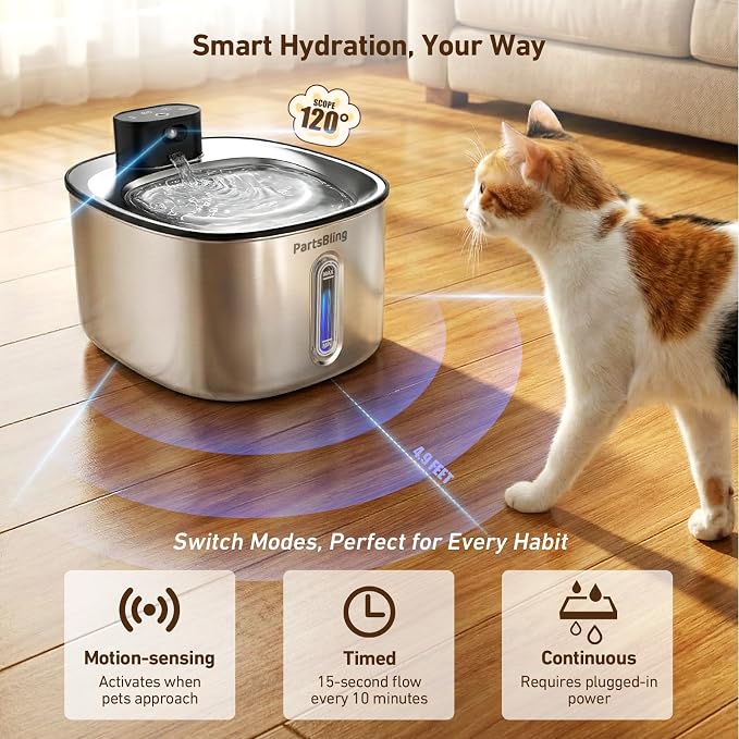 PartsBling Stainless Steel Cat Water Fountain, 4.2L/142 oz | Cordless Pet Water Fountain with Sensor, 5000mAh Rechargeable Battery, Ultra Quiet, 4 Filters, for Cats & Small Dogs, Black