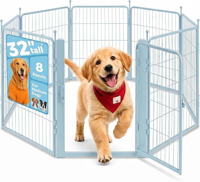 32 Inch Blue Dog Playpen, 8-Panel Metal Pet Exercise Pen with Door, Foldable Indoor Outdoor Dog Fence for Medium Dogs (Blue, 32inch)