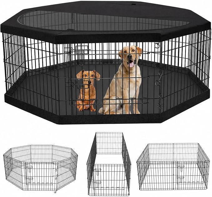 PETIME Foldable Metal Dog Exercise Pen/Pet Puppy Playpen Kennels Yard Fence Indoor/Outdoor 8 Panel 24" W x 36" H with Top Cover and Bottom Pad