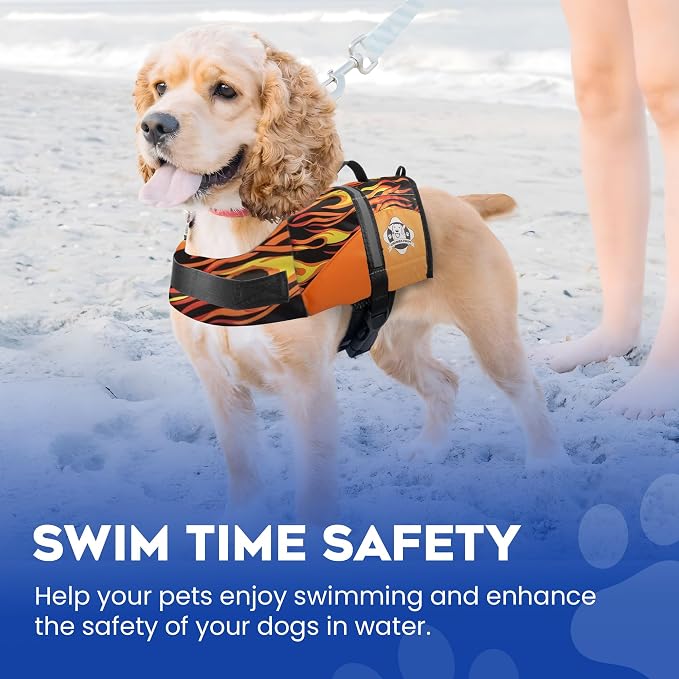 Dog Life Jacket — Premium Swim Vest with SafeChin Anti-Choke Collar | PAWS Aboard Racing Flames | RapidLift Rescue Handle, D-Ring, Reflective Trim | Boating, Kayaking, Pool | XX-Small (Under 6 lbs)