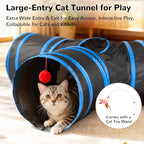 Tempcore Cat Tunnel for Indoor Cats, 3 Way Collapsible Pet Play Tunnel with Teaser Wand, Peek Holes & Hanging Ball, Interactive Tube for Kittens & Rabbits, Black & Royal Blue