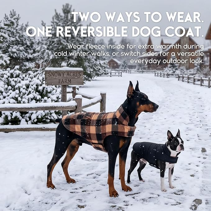ASENKU Reversible Dog Winter Coat, Dog Jacket for Small Medium Large Dogs | Windproof Plaid Fleece Lining for Cold Weather, Water-resistant Outer Shell, Puppy Puffer Vest with Leash Hole, Coffee 3XL