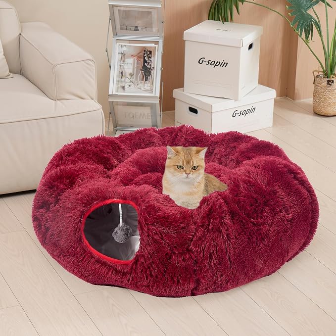 Avont Cat Tunnel Bed, Washable Cushion, Large 3-in-1 Play Tube for Cats | Play, Rest & Snuggle | Spacious for Big Cats | Durable Toggle Design | Removable Washable Cushion | Red