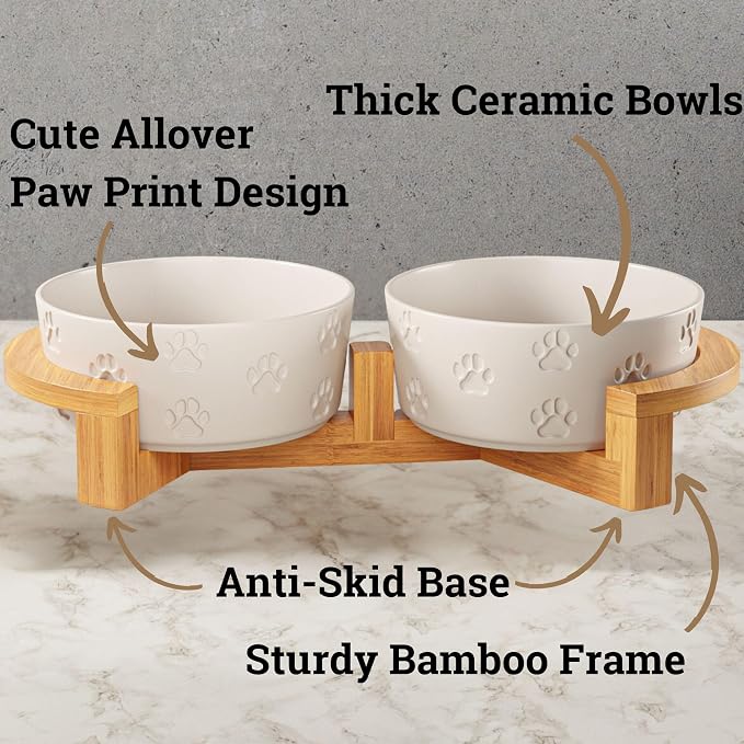 Ceramic Dog Bowl Set of 2, Anti-Skid Bamboo Stand, Elevated, 3.8 Cups Each | Thick Ceramic Food and Water Bowls Set of 2, Dishwasher Safe, Anti-Skid Rubber Base, 3.8 Cups per Bowl, Sturdy Bamboo Stand